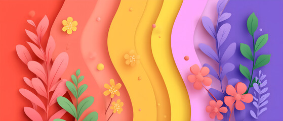 abstract, colorful, rainbow color banner with floral pattern