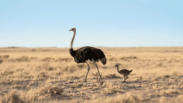 Avestruz caminando su su cr&iacute;a en la Sabana
