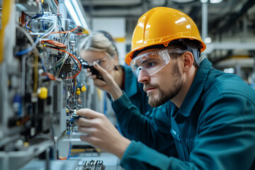 Engineers inspecting electronic components. Technician wearing hard hat and safety glasses checking industrial equipment. Teamwork in manufacturing.