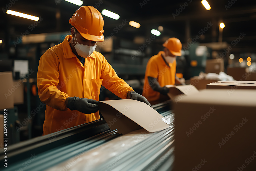 Poster factory workers in ppe assemble cardboard boxes. safety first in the manufacturing process. quality 