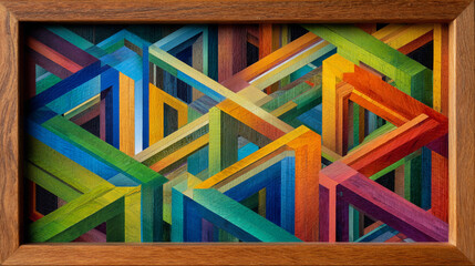 Colorful geometric artwork displayed in a wooden frame with intricate patterns