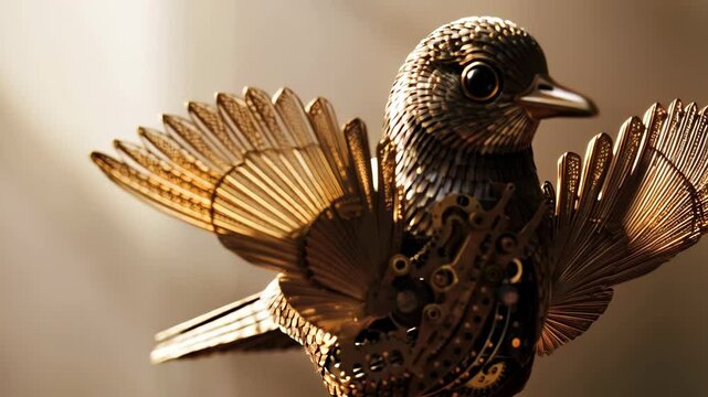Steampunk inspired mechanical bird with intricate clockwork gear designs and metallic bronze feathers, robotic avian art