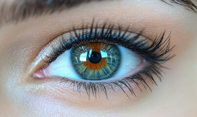 Fototapeta premium Close-up of a hazel eye with long dark lashes and subtly applied eyeshadow. The iris shows intricate detail and color variations