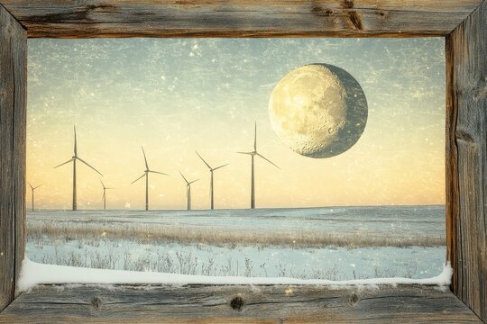 Snowy landscape with wind turbines under a large moon, viewed through a rustic wooden frame.