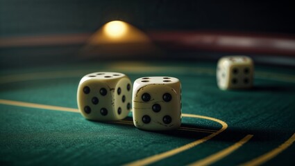 Dice are rolling on a green gaming table in a lively casino during the evening hours