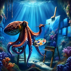 Octopus Artist Painting Underwater