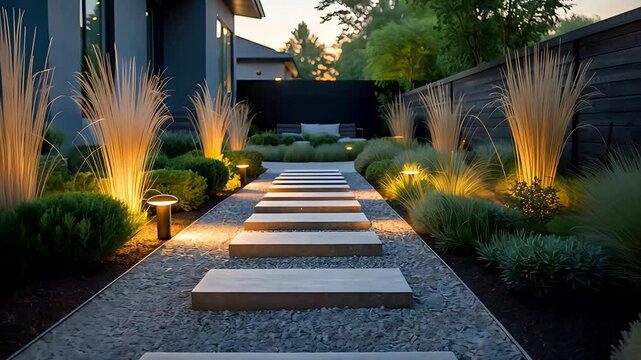 Illuminated Stone Pathway with Decorative Garden Lights Leading to Modern House Entrance at Dusk