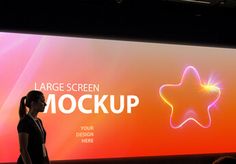 Conference Stage Presentation Screen Mockup &ndash; Empty White Display with Silhouetted Host