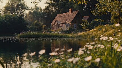 Fototapeta premium Tranquil Cottage by the Lake Surrounded by Lush Greenery and Colorful Flowers in the Soft Light of Sunset