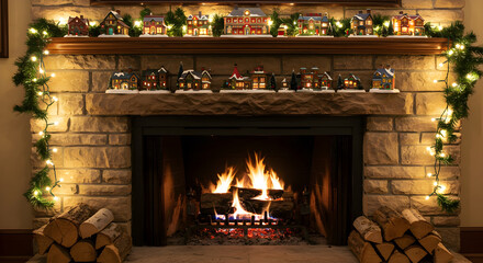 Glowing Hearth With Festive Christmas Village Display And Cozy Ambiance