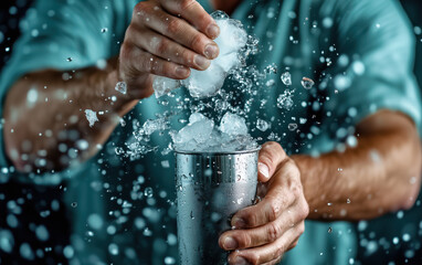 Fototapeta premium Expert Bartender Adding Ice to Cocktail Shaker - A Stunning Cocktail Preparation
