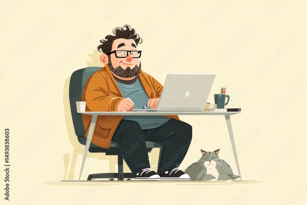Poster bearded man working at desk with laptop and cat in calm environment