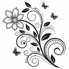 Elegant Swirl Flower Design with Black Floral Elements - Intricate Decorative Vector Art
