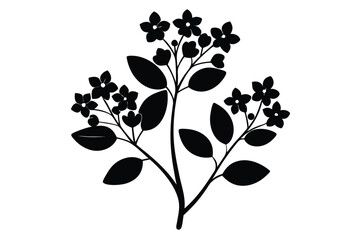 Black Silhouette of a Flowering Plant with Leaves and Buds Vector Illustration