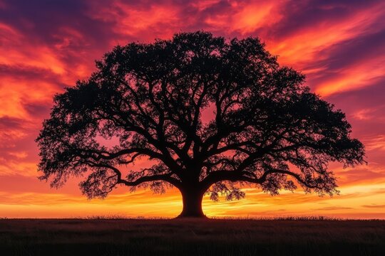 Silhouette of a large oak tree against a vibrant, fiery sunset sky.