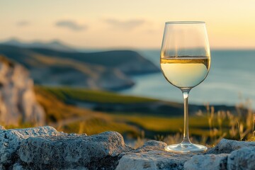 Sunlight glimmers on a glass of white wine poised on a stone wall overlooking expansive green hills at dusk