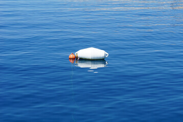 A white plastic buoy for tying boats floats in the sea