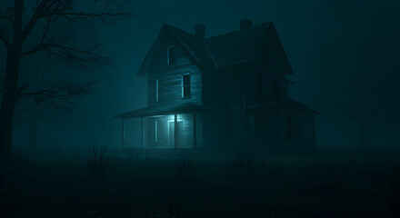 Abandoned House In Fog Surrounded By Gloomy Atmosphere At Night