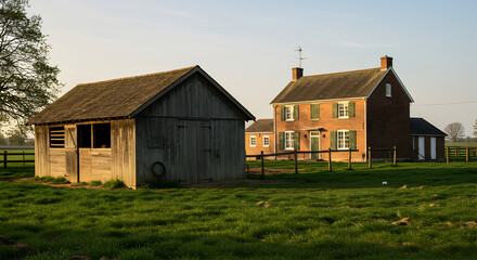 Rural Farmhouse Scene With Weathered Barn In A Grassy Field