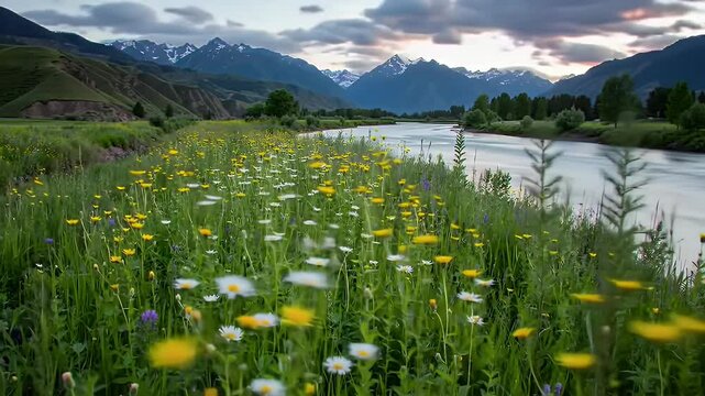 Beautiful Natural Scenery with Flowers, River and forest