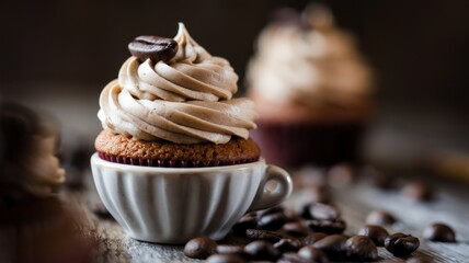 A coffee-flavored cupcake covered with a coffee and buttercream glaze with curls and decorated with coffee beans. The cupcake is placed in a white ceramic coffee cup. The background is blurred.