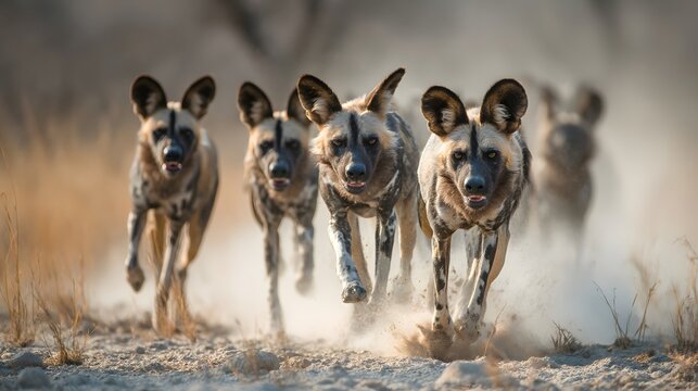 A captivating image of a pack of African wild dogs running towards the camera with intense focus.