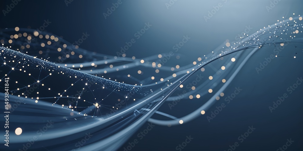 Poster Dynamic flow of light particles creating an abstract visual in a dark blue background