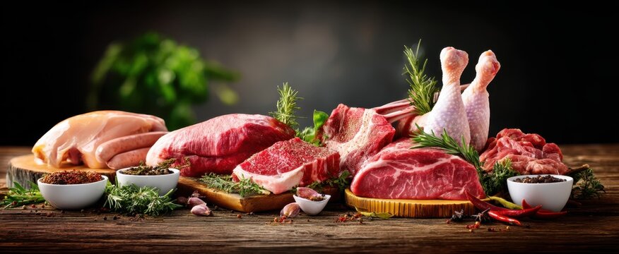 The colorful assortment of fresh meats and herbs on a rustic wooden table.