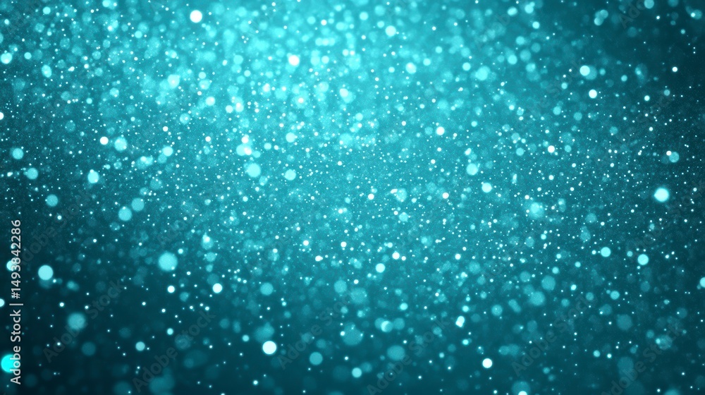 Poster abstract teal bokeh background with glowing particles and glitter.