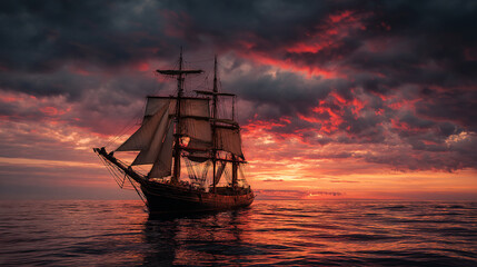 Obraz premium Historic sailing ship navigates calm waters during vibrant sunset over the horizon