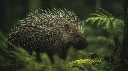 An alert porcupine with its distinctive quills explores a lush, green woodland setting.