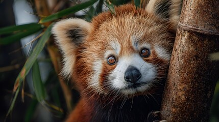 Fototapeta premium A captivating close-up portrait of a red panda peeking through a tree in its natural habitat.