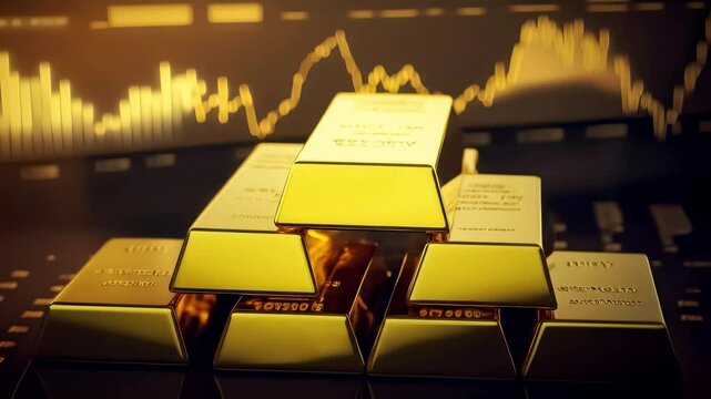 Gold Bars with Stock Market Data Chart Animation: Finance, Investment, Economy. 4K Video Footage for wealth analysis, financial news.