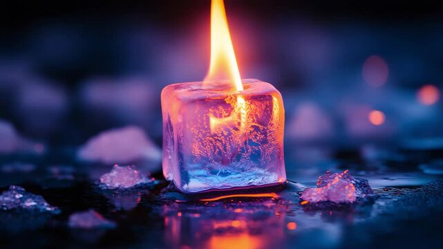 Burning Ice Cube With Surreal Flame Surrounded By Melting Ice On Dark Surface In Conceptual Contrast Scene