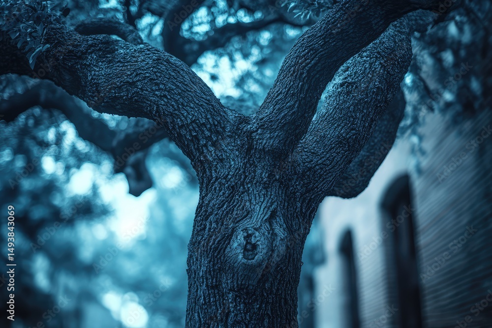 Poster a close-up view of a gnarled, ancient tree trunk with textured bark, set against a blurred backgroun