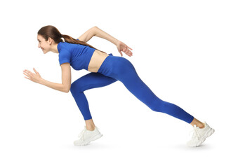 Naklejka premium Woman in sportswear running on white background