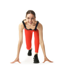 Runner in starting position on white background