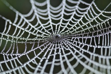 Fototapeta premium Close-up of a spiderweb glistening with morning dew, intricate details visible.