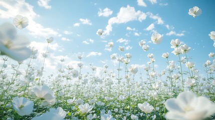 White cosmos flowers field blue sky photo