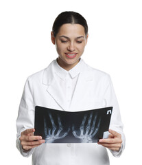 Doctor examining MRI scan on white background