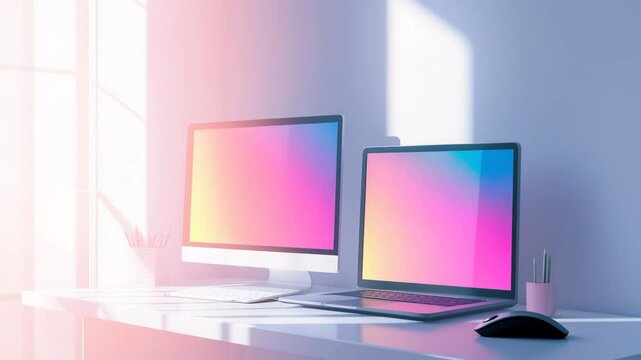 カラフルなグラデーションが映るデジタルデバイス