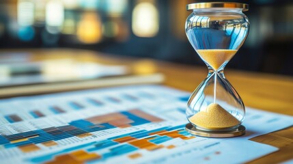 Hourglass on financial reports; time management, deadline, business concept.