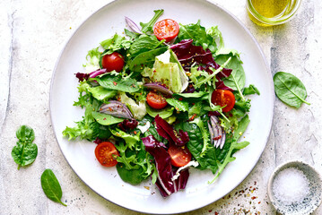 Fresh vegetable salad. Top view with copy space.