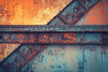 Rusty metal beams and weathered paint create a textured, industrial backdrop.