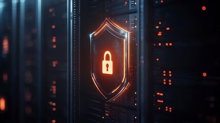 Glowing security shield icon on server rack, depicting data protection and cybersecurity.