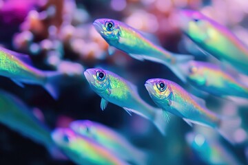 Fototapeta premium A school of iridescent fish swim gracefully through a vibrant coral reef, showcasing their stunning colors.