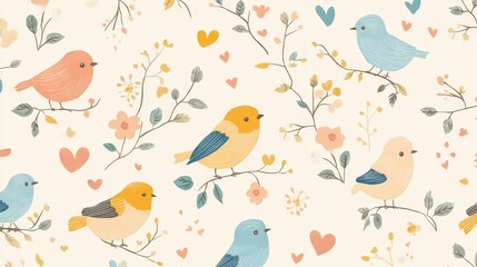 Playful cheerful bird pattern nature digital art whimsical environment top view featuring tiny birds for fabric design