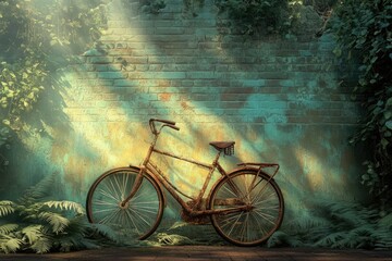Rusty bicycle leans against a sunlit, weathered teal brick wall, overgrown with lush green foliage.