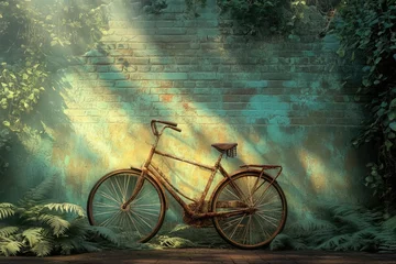 Fototapete Rusty bicycle leans against a sunlit, weathered teal brick wall, overgrown with lush green foliage. © Thedinindu