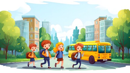 Educational cartoon illustration of children with a school bus in a city setting